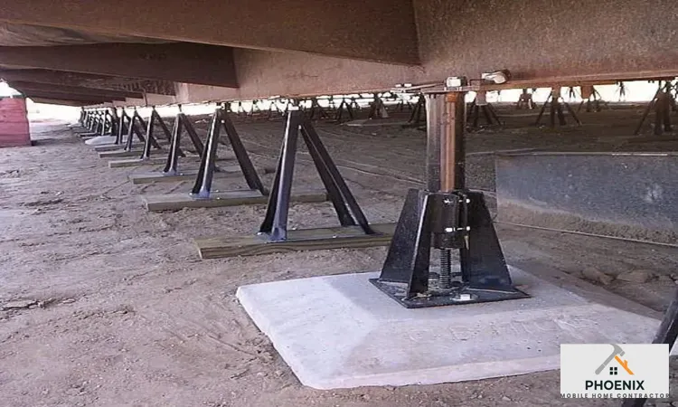 Mobile Home Leveling Cost Professional mobile home leveling with steel piers and concrete pads for stable foundation in Phoenix, Arizona