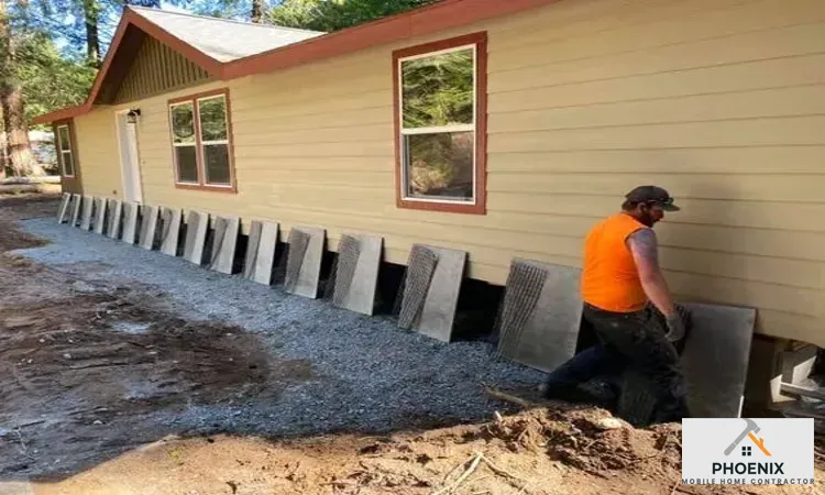 Mobile Home Skirting Materials Technician preparing to install durable concrete skirting panels on double-wide manufactured home