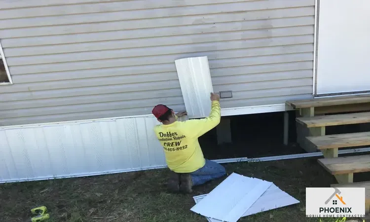 Mobile Home Skirting Replacement and Repair Worker installing white vinyl skirting panels on a single-wide mobile home for energy efficiency and pest control