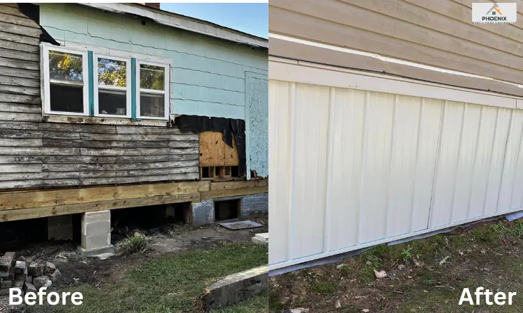 Mobile home crawlspace repair before and after: damaged siding and exposed foundation replaced with new white skirting panels to protect the underbelly and enhance curb appeal in Mesa, AZ.