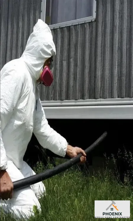 Mobile Home Immediate Servicing Pest control technician sealing mobile home underbelly to prevent rodent and insect infestation