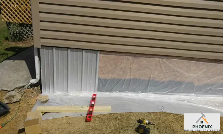 Metal skirting installation with vapor barrier for manufactured home to prevent water damage and increase insulation