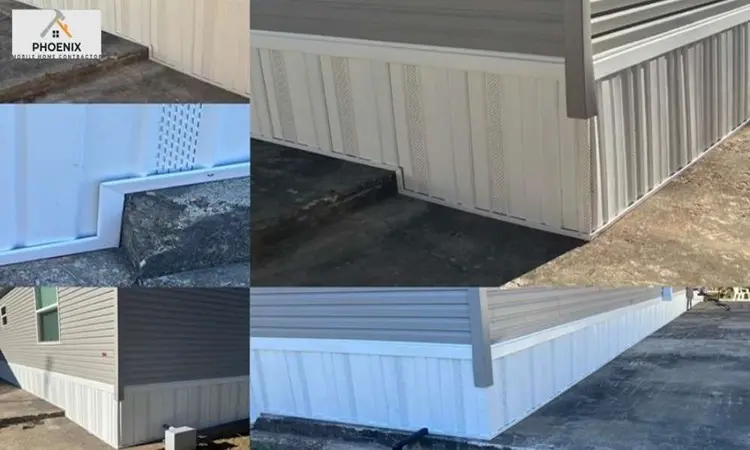 Skirting Solution for Single Wide Collage of white vinyl mobile home skirting installations on single-wide units with concrete perimeter and vent panels in Phoenix, Arizona