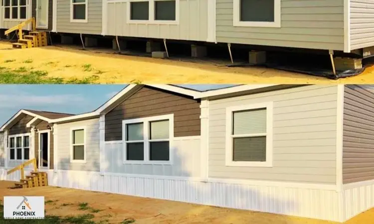 Skirtings phoenix Before and after of double wide mobile home skirting installation in Phoenix, AZ showing transformation from exposed foundation to clean white vinyl skirt