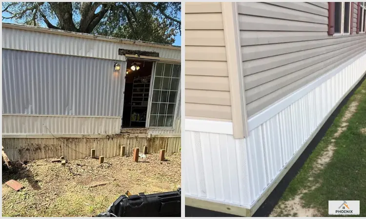 Mobile home skirting repair before and after: damaged and missing grey panels replaced with new white vinyl skirting for improved protection and curb appeal in Phoenix, AZ