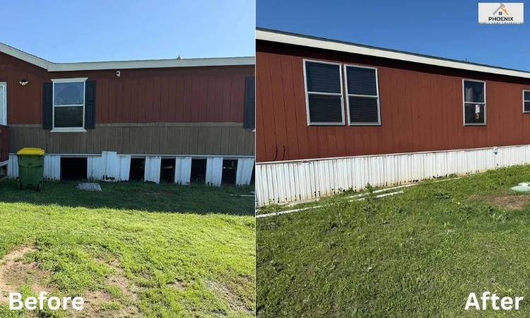 Mobile home skirting replacement before and after: mismatched and damaged panels upgraded to uniform white vinyl skirting for improved insulation and curb appeal in Chandler, AZ.