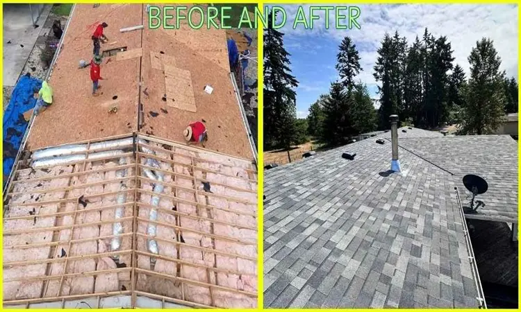 Roof repair for mobile homes Before and after photos of mobile home roof repair showing structural rebuild and new asphalt shingle installation in Phoenix, Arizona
